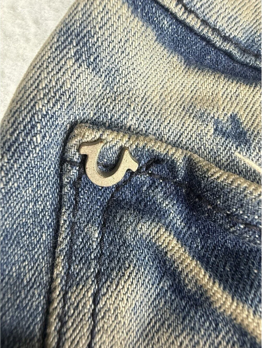True Religion Men’s Blue Light Wash Relaxed Slim Distressed Mid Rise Jeans